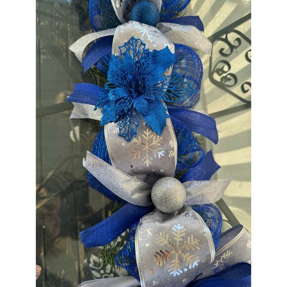 Blue and Silver Centerpiece Table Runner Mailbox Swag Topper Christmas Decor - Picture 4 of 6
